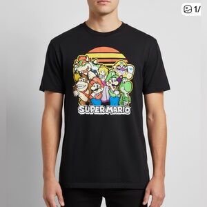 Super Mario and Friends Group T-Shirt, Black & Multicolor, Sz. M.